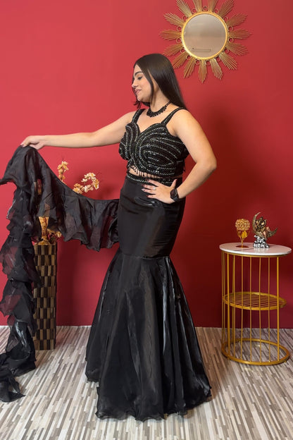 Beautiful FishCut Organza Dress In Black With Embellished Blouse