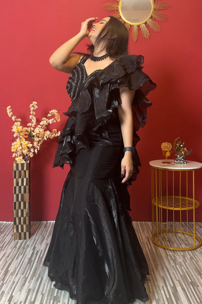 Beautiful FishCut Organza Dress In Black With Embellished Blouse