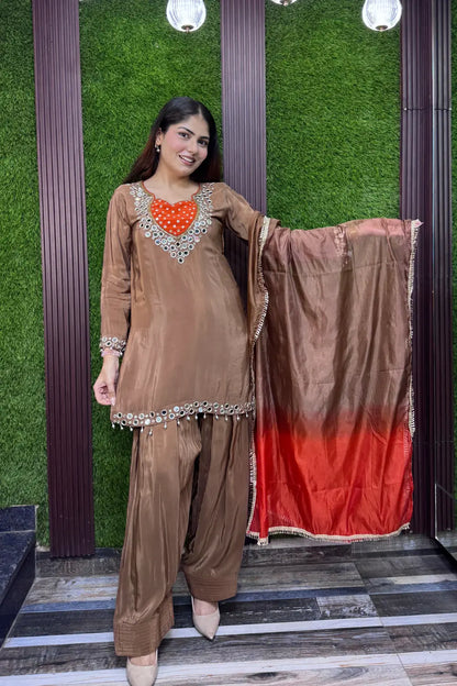 Real Mirror Work Pure Crepe Farshi Salwar Suit Set with Tie Die Chiffon Duppatta
