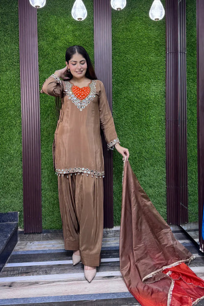 Real Mirror Work Pure Crepe Farshi Salwar Suit Set with Tie Die Chiffon Duppatta