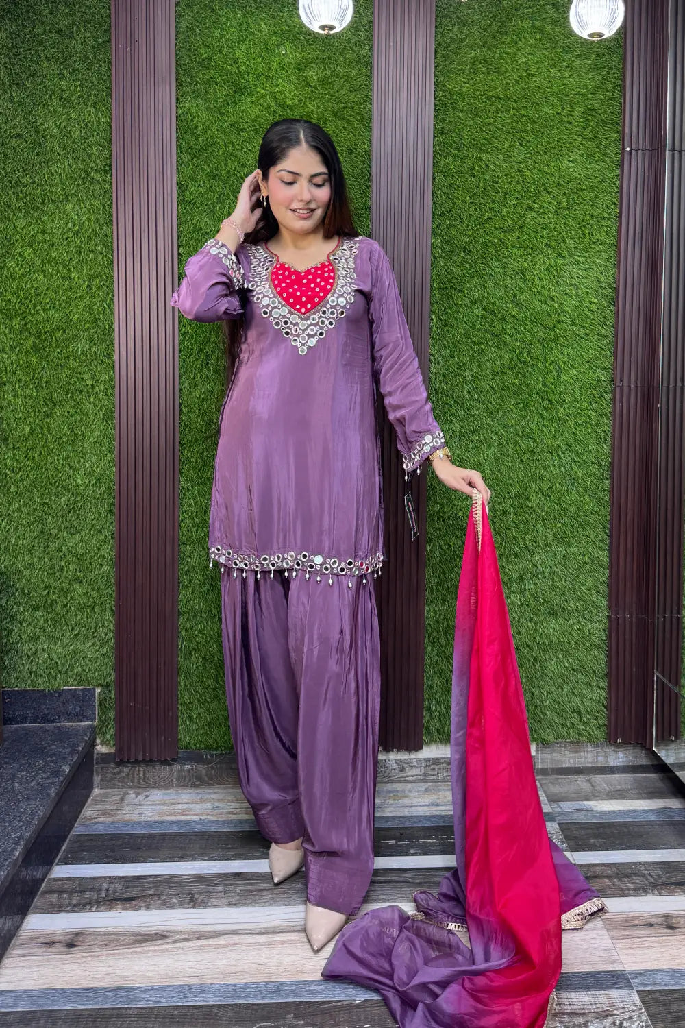Real Mirror Work Pure Crepe Farshi Salwar Suit Set with Tie Die Chiffon Duppatta