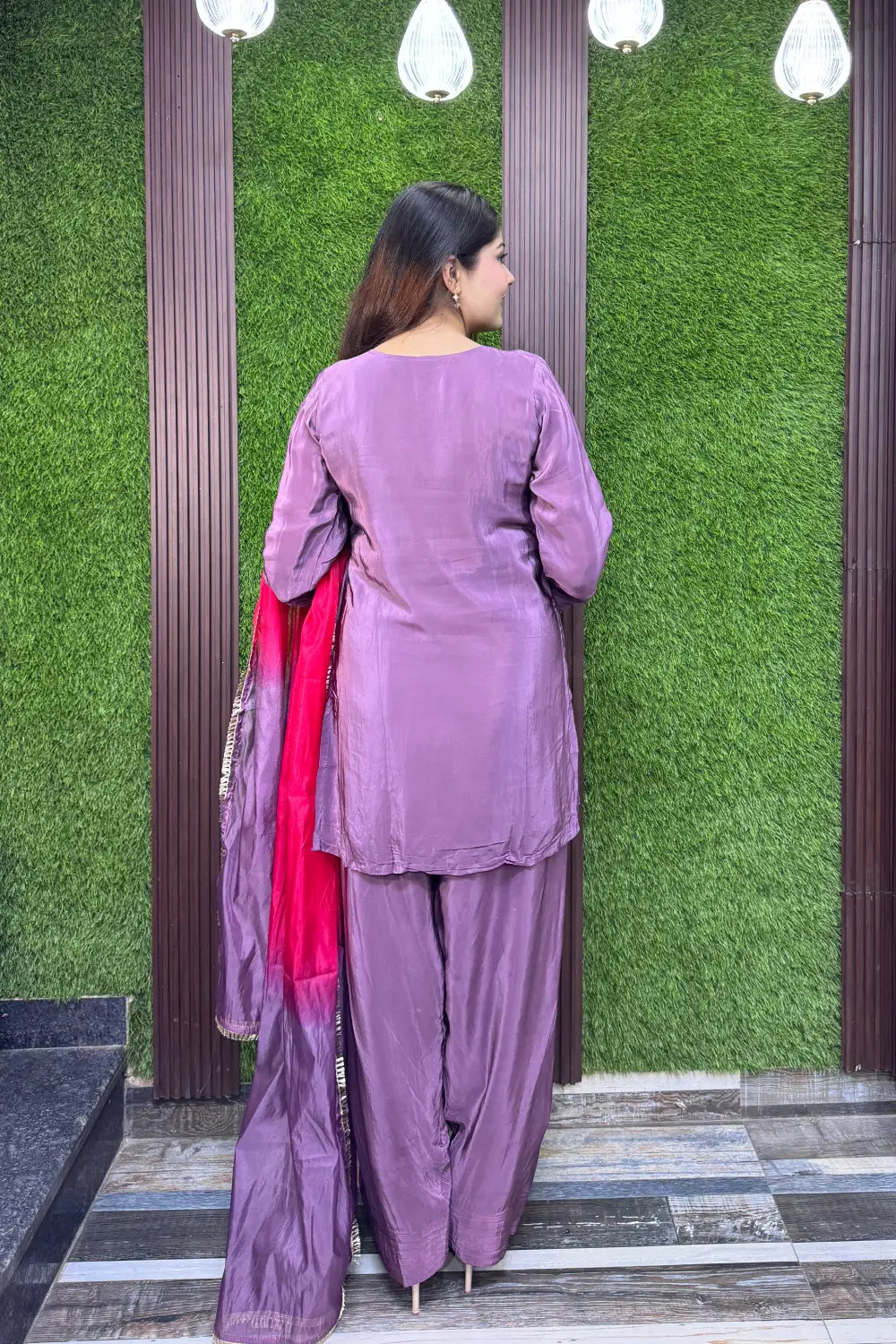 Real Mirror Work Pure Crepe Farshi Salwar Suit Set with Tie Die Chiffon Duppatta