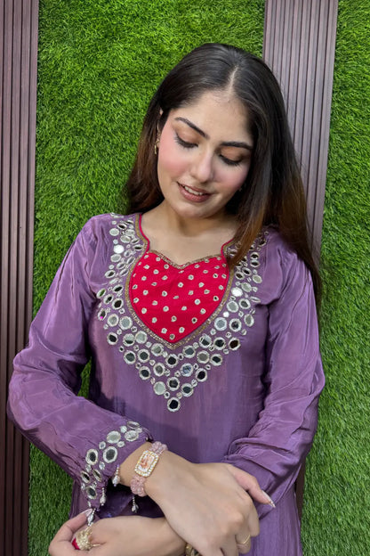 Real Mirror Work Pure Crepe Farshi Salwar Suit Set with Tie Die Chiffon Duppatta