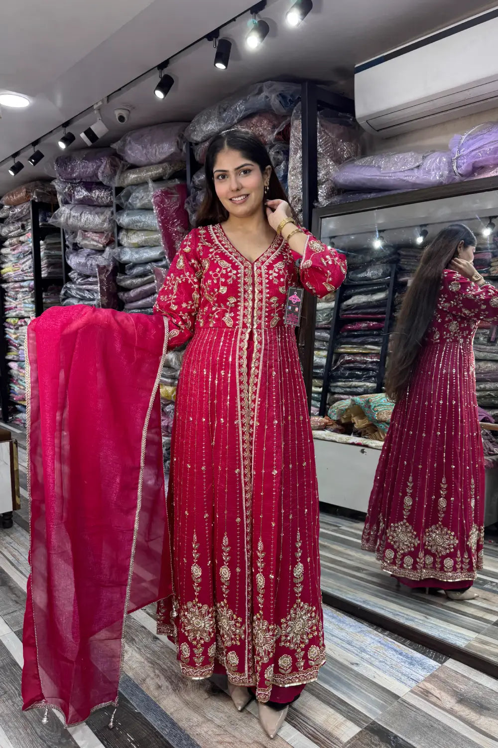 Front-Slit Shimmer Tissue Silk Anarkali Suit Set with Plazo Pants with Dupatta