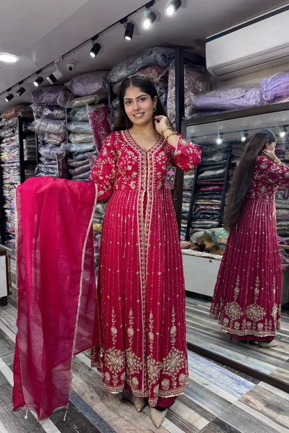 Front-Slit Shimmer Tissue Silk Anarkali Suit Set with Plazo Pants with Dupatta