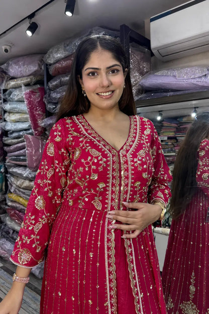 Front-Slit Shimmer Tissue Silk Anarkali Suit Set with Plazo Pants with Dupatta