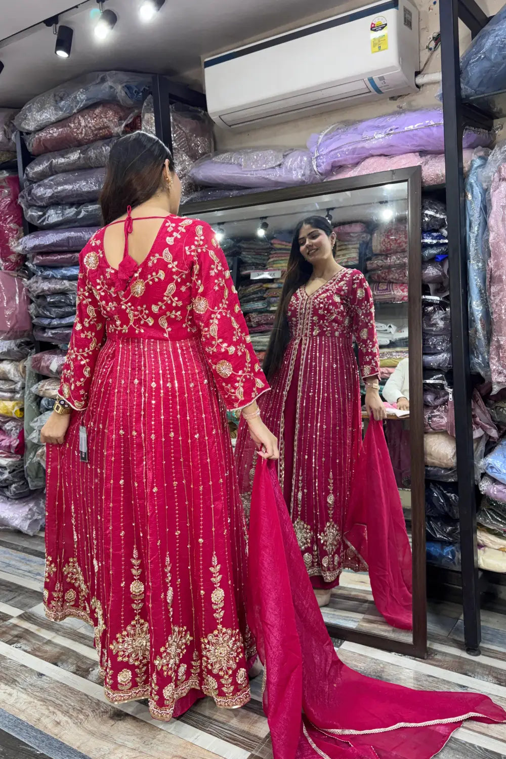 Front-Slit Shimmer Tissue Silk Anarkali Suit Set with Plazo Pants with Dupatta