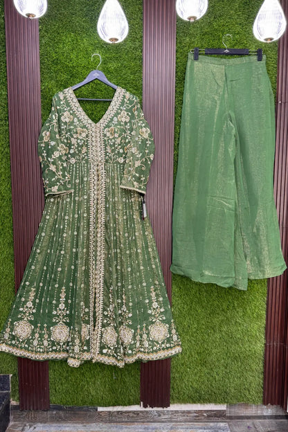 Front-Slit Shimmer Tissue Silk Anarkali Suit Set with Plazo Pants with Dupatta