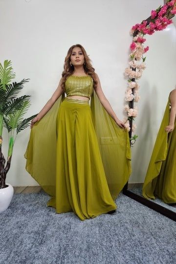 Crop Top Sharara Dress With Long Designer Sleeves In Parrot Green