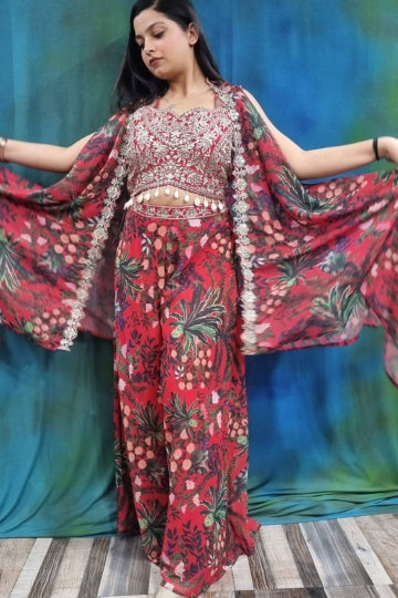Printed Crop Top Sharara With Shrug in Red