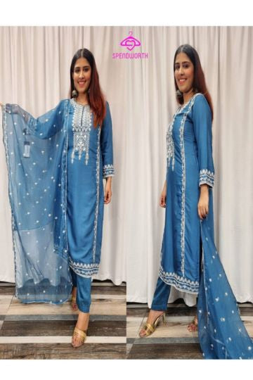 Straight Silk Suit Set With Thread Work In Blue