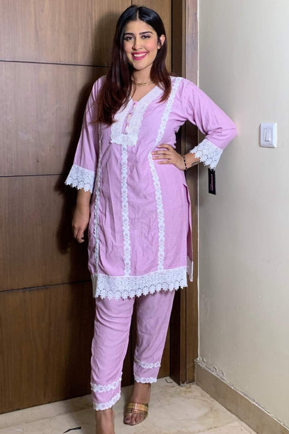 Pakistani Style Short Kurta with Pants in Lavender