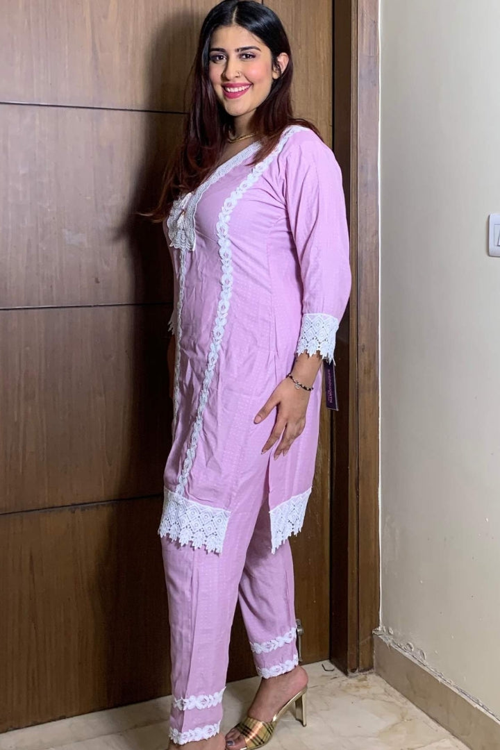 Pakistani Style Short Kurta with Pants in Lavender