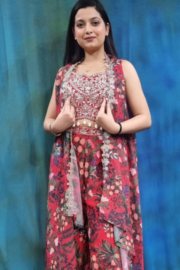 Printed Crop Top Sharara With Shrug in Red
