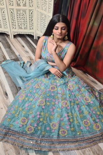 Heavy Partywear Embroidered Lehenga in Green