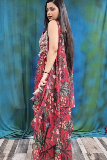 Printed Crop Top Sharara With Shrug in Red