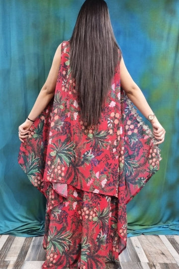 Printed Crop Top Sharara With Shrug in Red