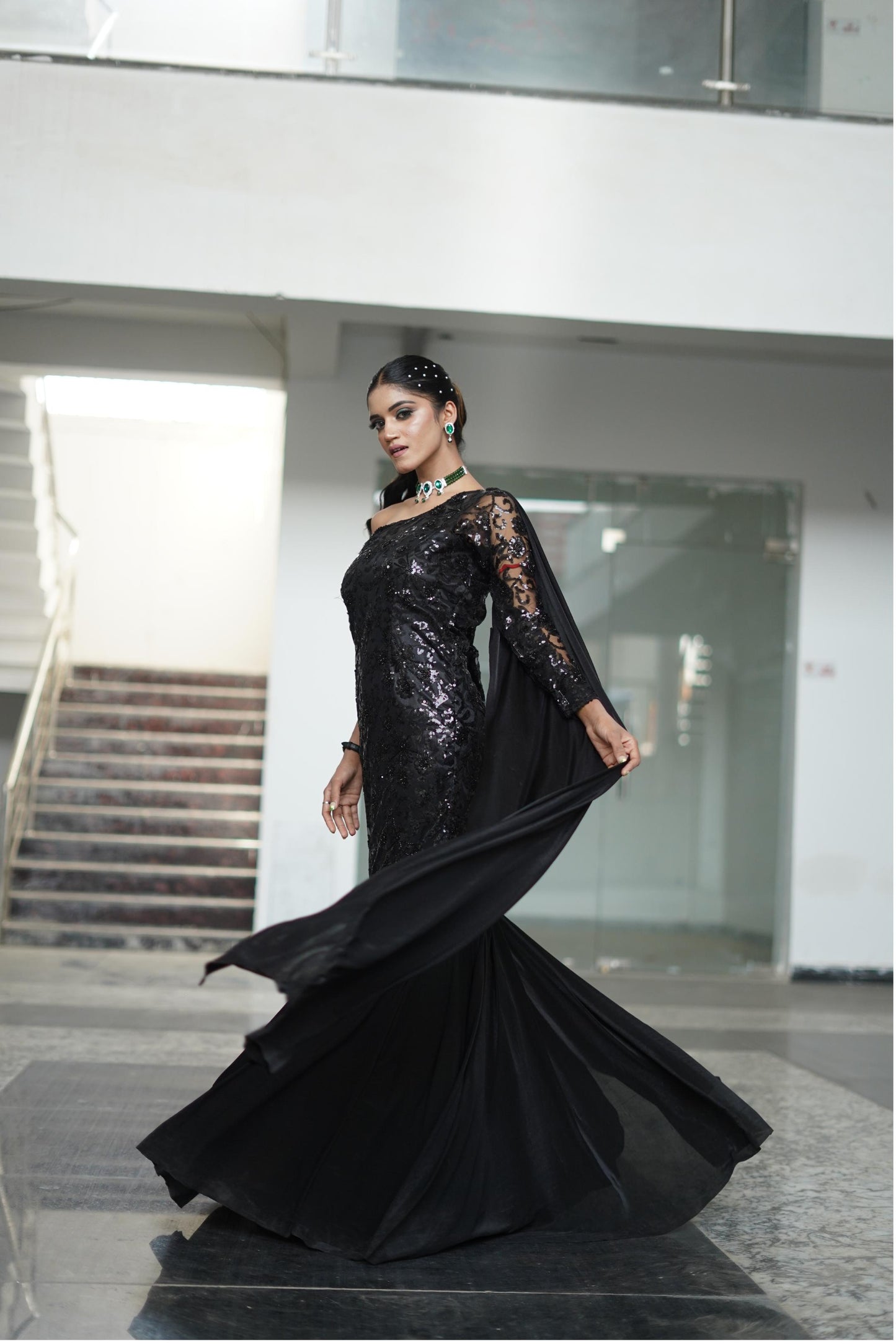 Beautiful Embellished One Side Shoulder Fish Cut Dress In Black