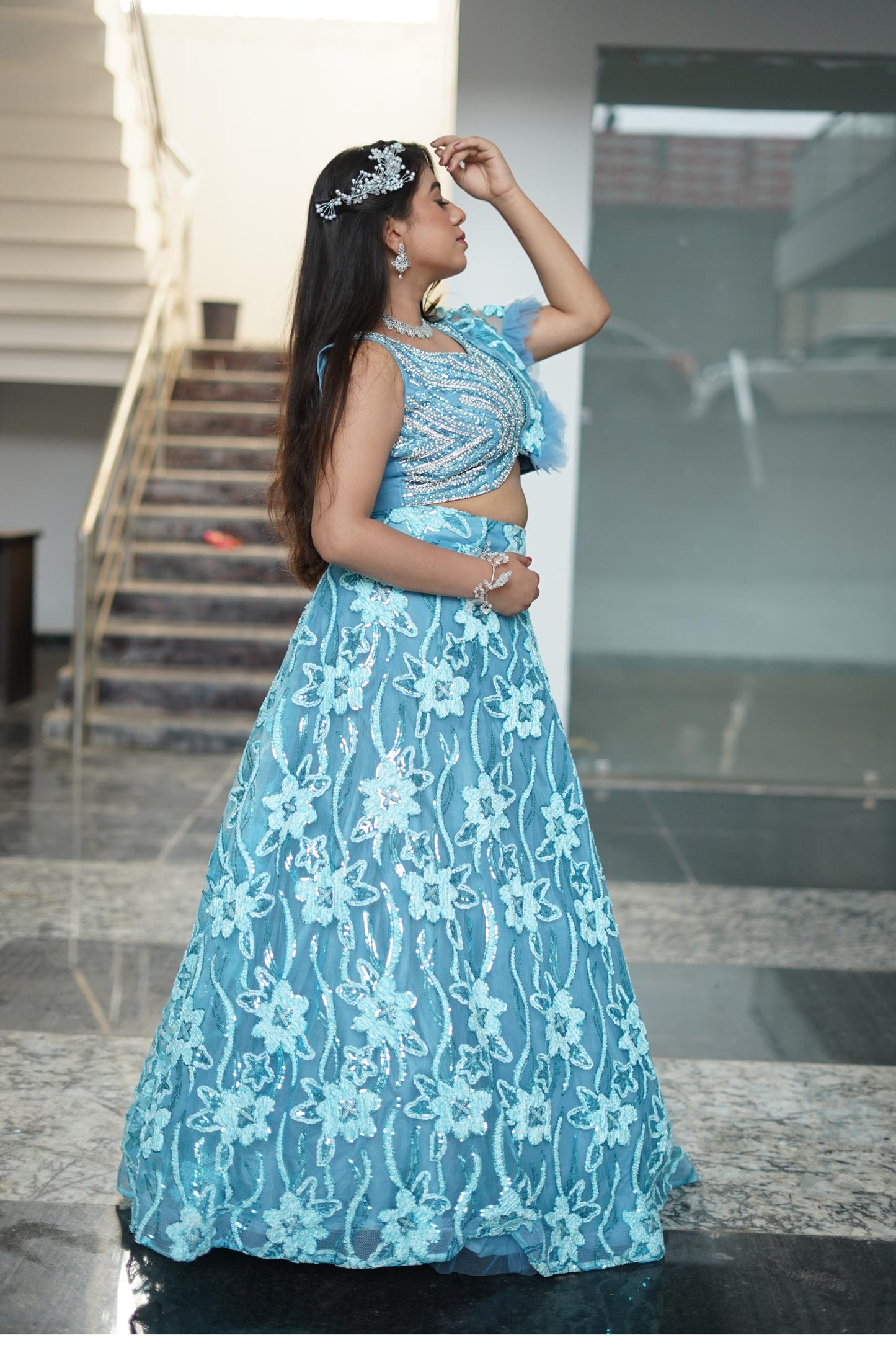 Cape Style Embellished Crop Top With Embroidered Flared Skirt In Sky Blue