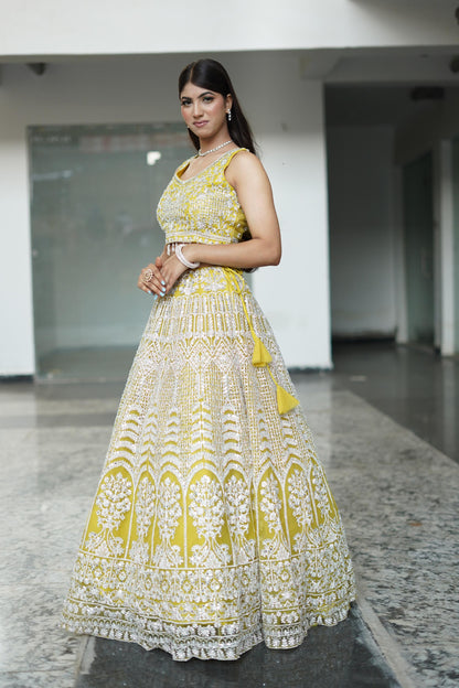 Mirror Work Heavy Partywear Lehenga Choli In Yellow