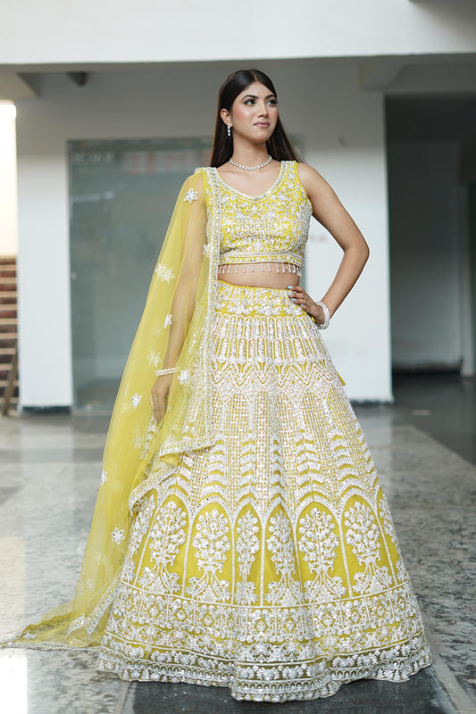 Mirror Work Heavy Partywear Lehenga Choli In Yellow