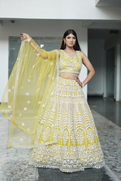 Mirror Work Heavy Partywear Lehenga Choli In Yellow