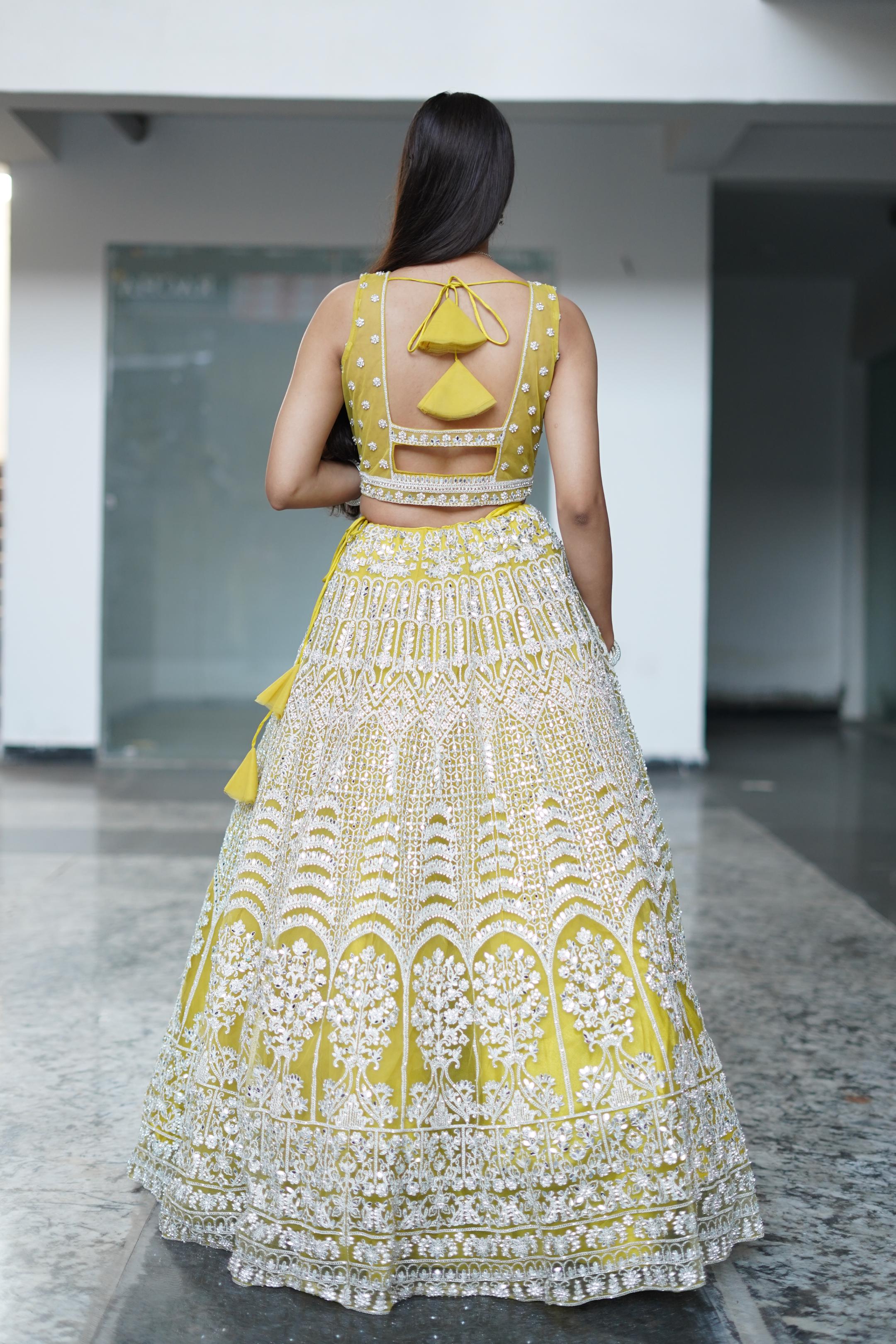 Sabyasachi designer yellow lehenga choli for women with heavy sequence embroidery work wedding wear party wear, top lehenga cholii