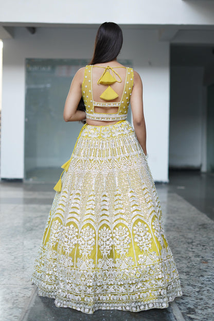 Mirror Work Heavy Partywear Lehenga Choli In Yellow