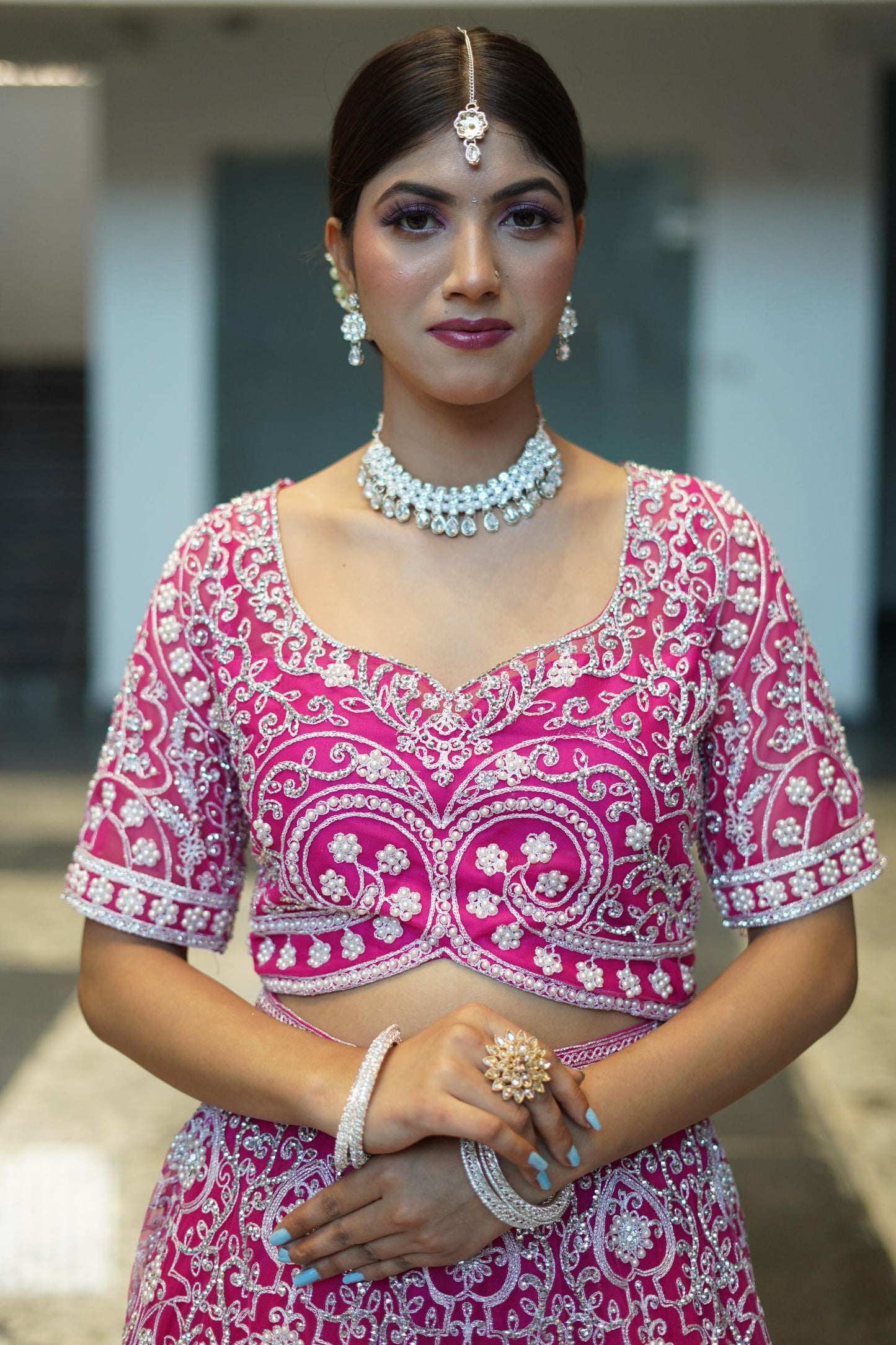 Full Embroidered Pearl Bead Work Lehenga Choli In Hot Pink Colour With Contrast Embroidery