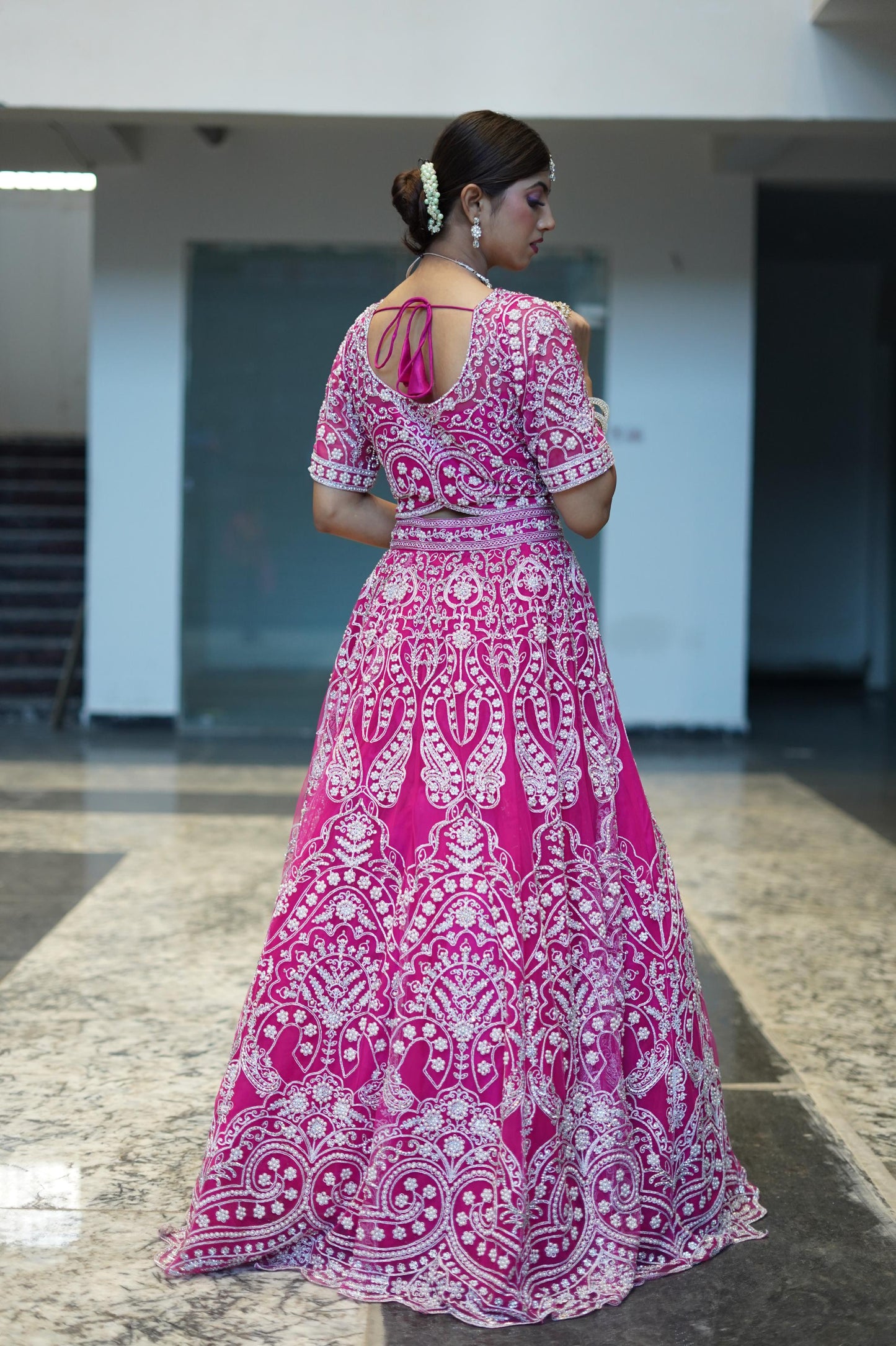 Full Embroidered Pearl Bead Work Lehenga Choli In Hot Pink Colour With Contrast Embroidery