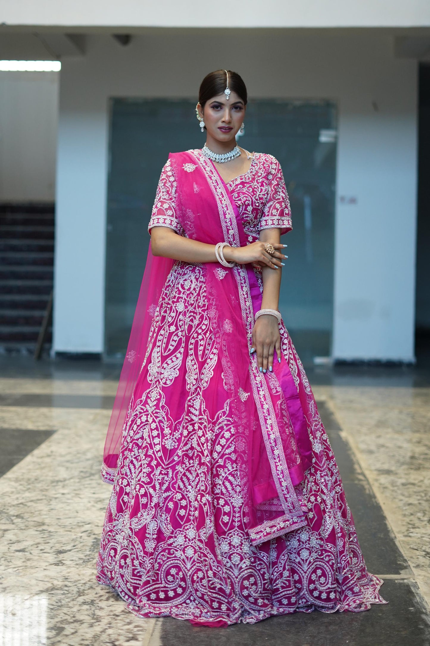 Full Embroidered Pearl Bead Work Lehenga Choli In Hot Pink Colour With Contrast Embroidery