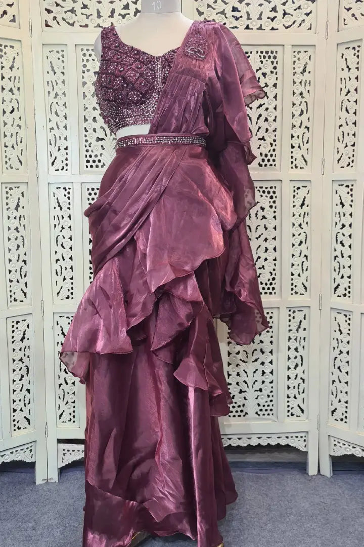 Purple Ruffled Drape Sari Set – Vasavi Shah Label