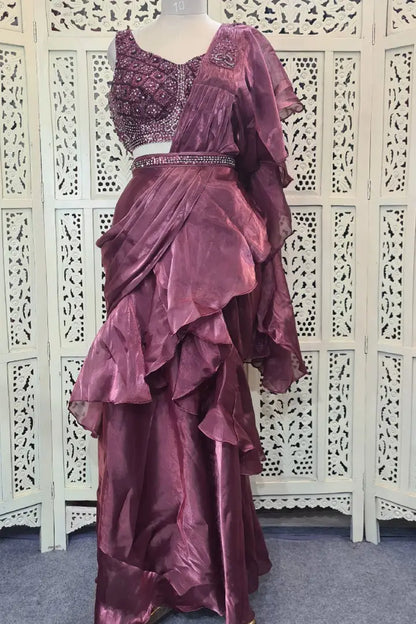 Readymade Partywear Ruffle Saree In Mauve