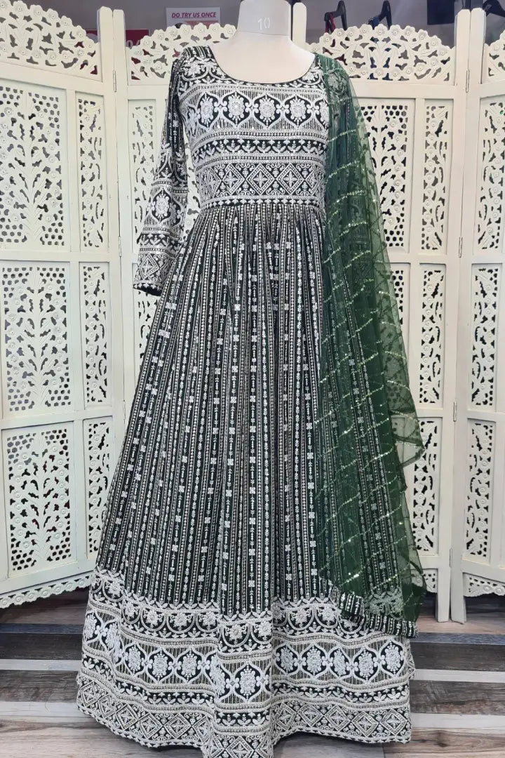 Georgette Anarkali Dress With Duppatta in Bottle Green