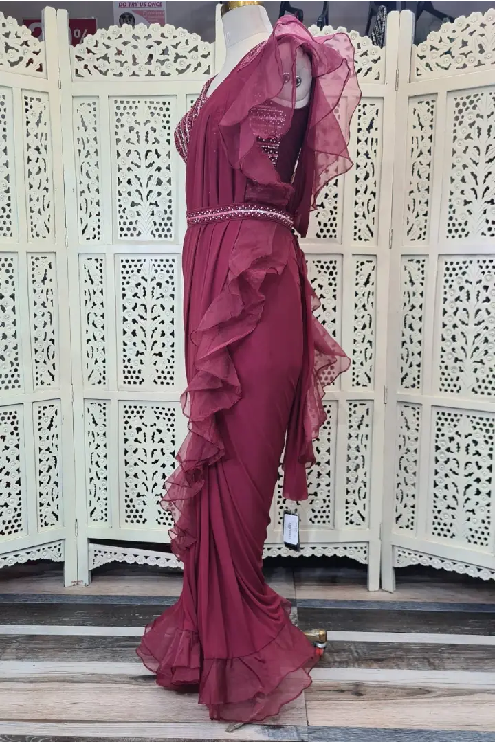 Burgundy draped ruffle sari with corset – Prashanti Kumar