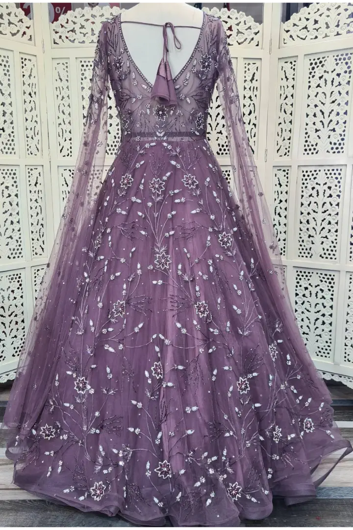 Hand Embroidered Partywear Barbie Gown In Mat Wine Colour