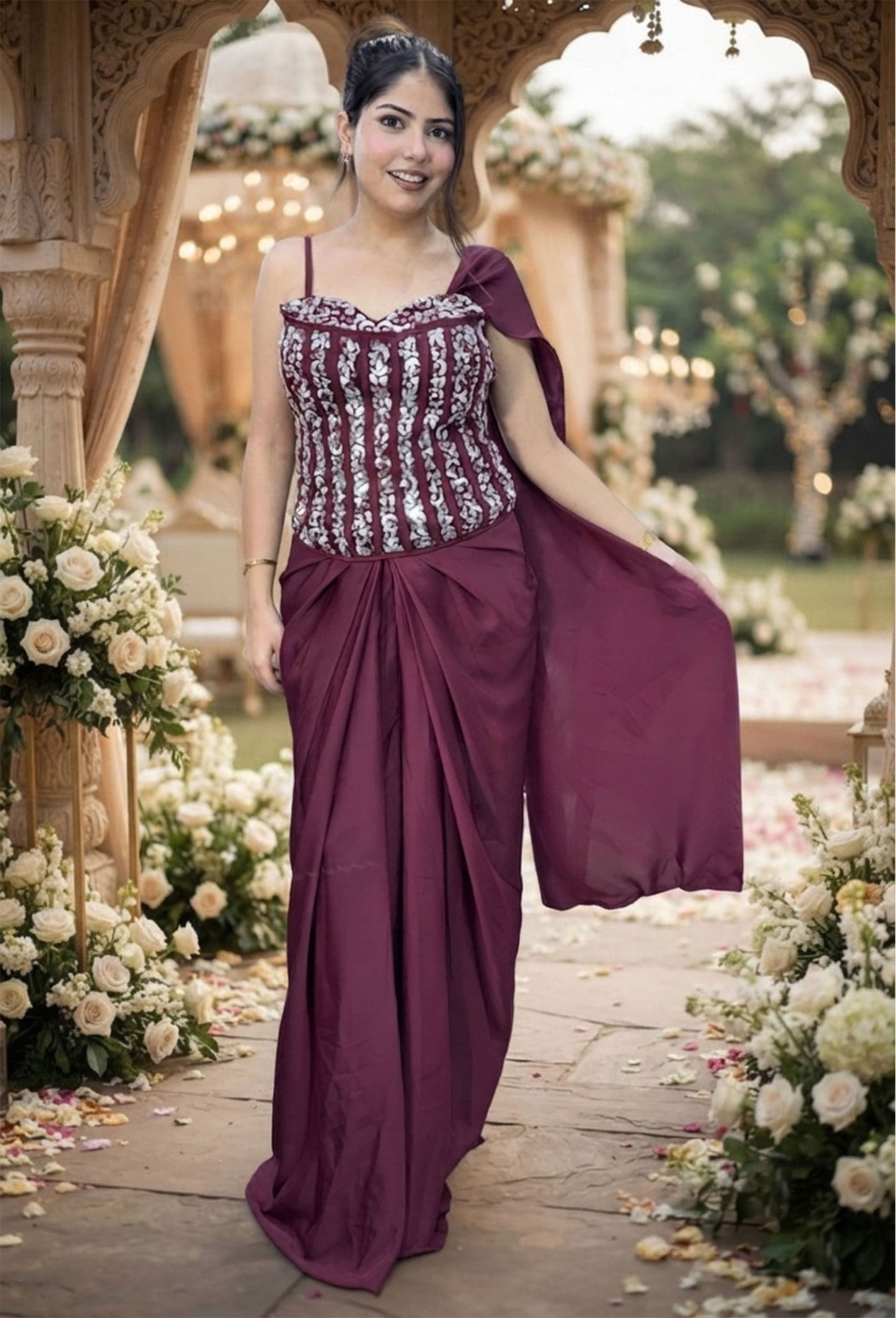 Mirror Work Corset Indo-Western Dress with Armani Satin Cowl Skirt