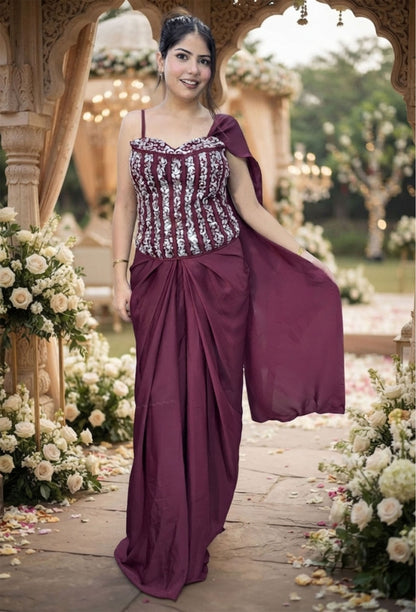 Mirror Work Corset Indo-Western Dress with Armani Satin Cowl Skirt