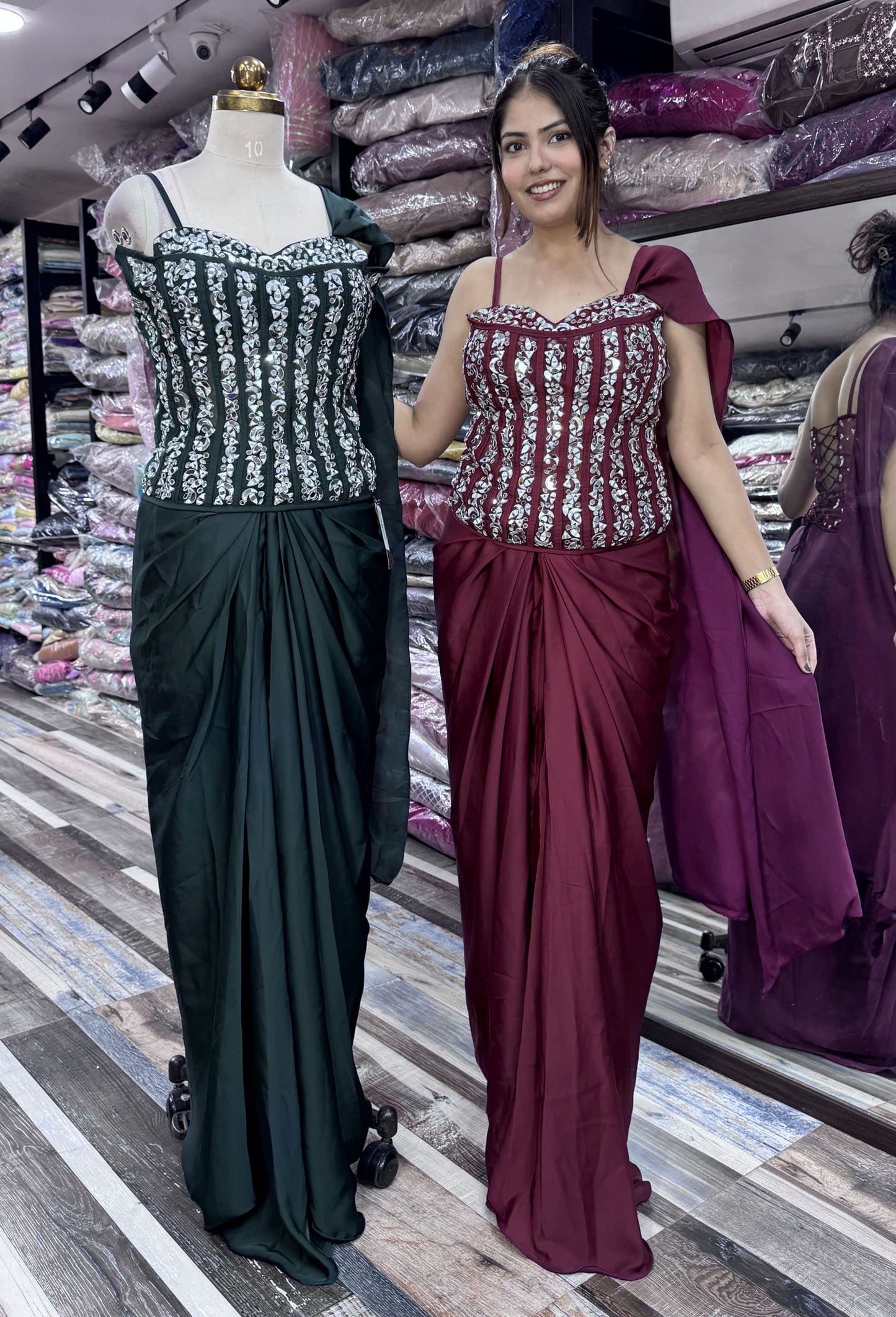 Mirror Work Corset Indo-Western Dress with Armani Satin Cowl Skirt