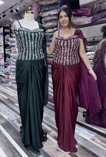 Mirror Work Corset Indo-Western Dress with Armani Satin Cowl Skirt