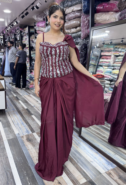 Mirror Work Corset Indo-Western Dress with Armani Satin Cowl Skirt