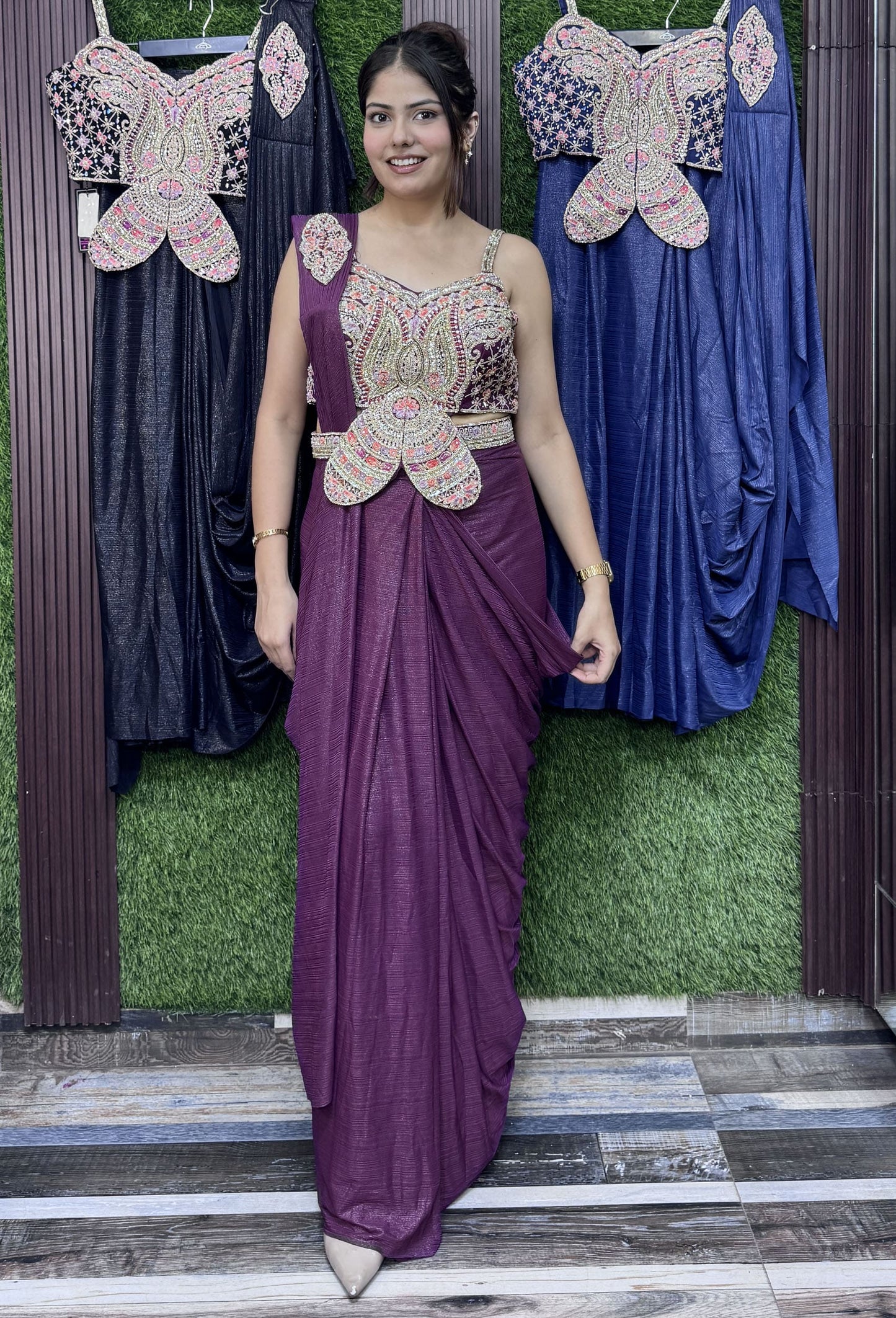 Butterfly Blouse Drape Saree with Embroidered Waist Belt