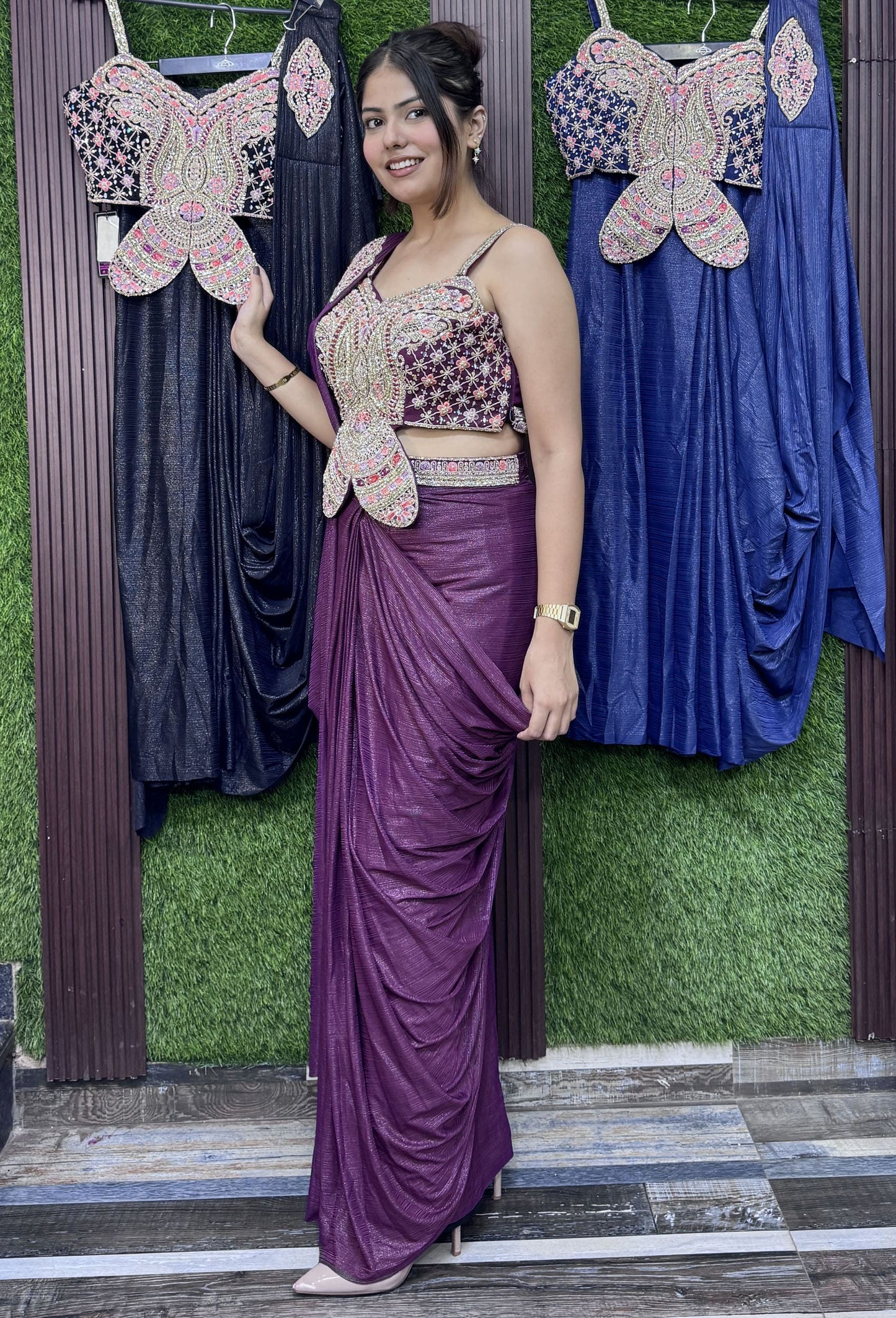 Butterfly Blouse Drape Saree with Embroidered Waist Belt