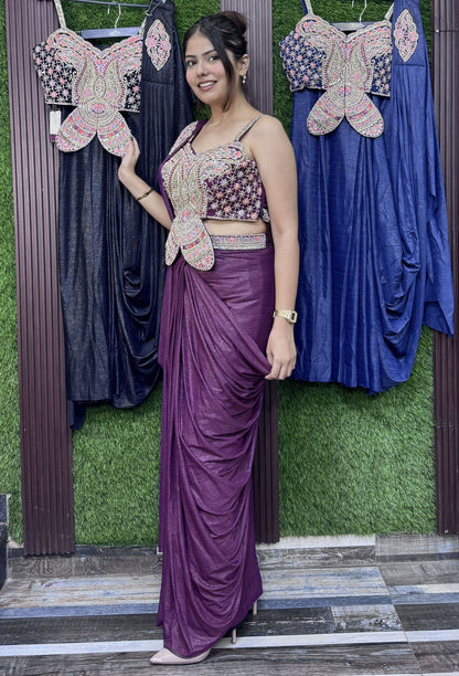 Butterfly Blouse Drape Saree with Embroidered Waist Belt