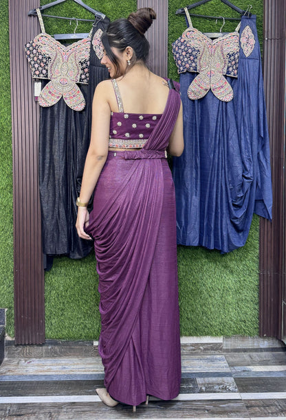 Butterfly Blouse Drape Saree with Embroidered Waist Belt