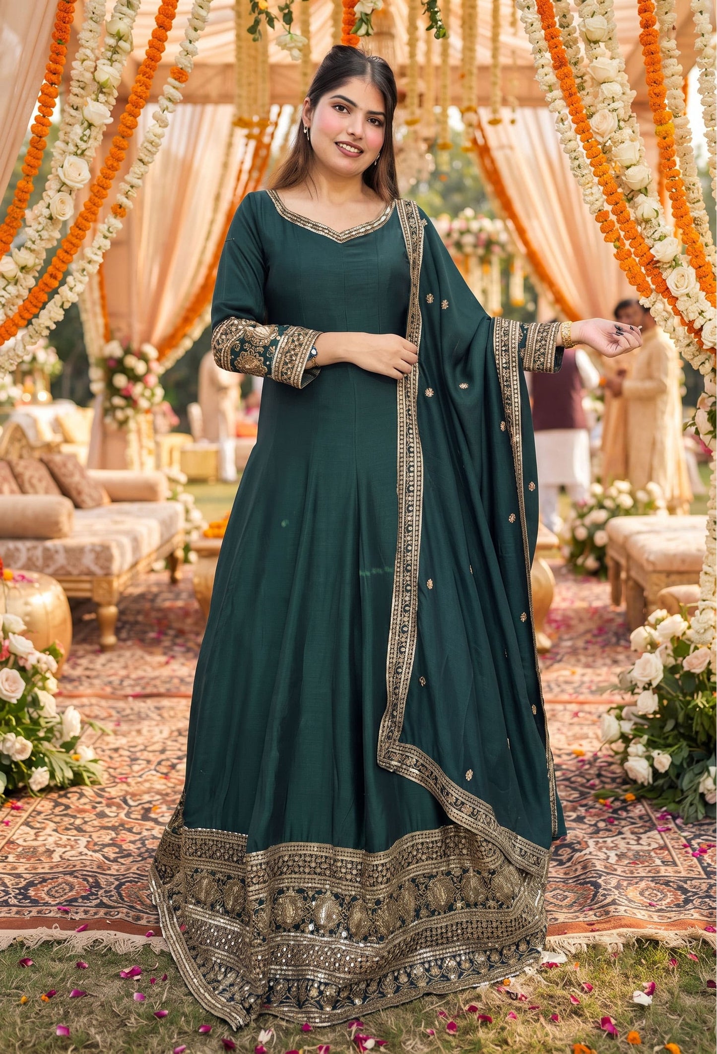 Designer V-Neck Anarkali Suit with Zari Embroidery & Border Dupatta