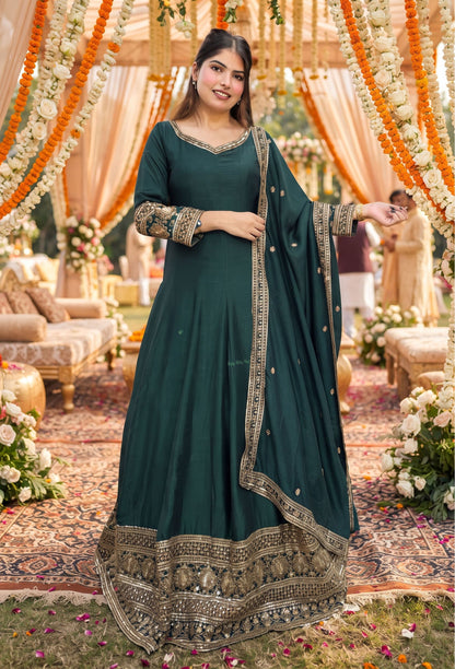 Designer V-Neck Anarkali Suit with Zari Embroidery & Border Dupatta