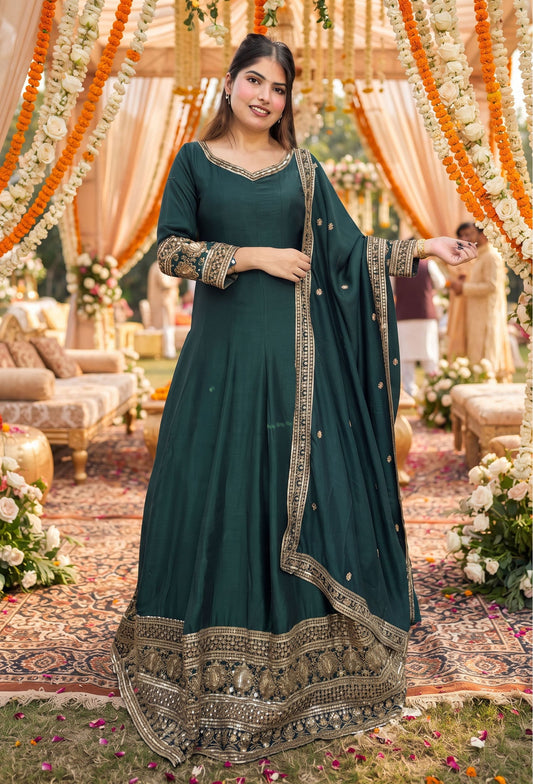 Designer V-Neck Anarkali Suit with Zari Embroidery & Border Dupatta