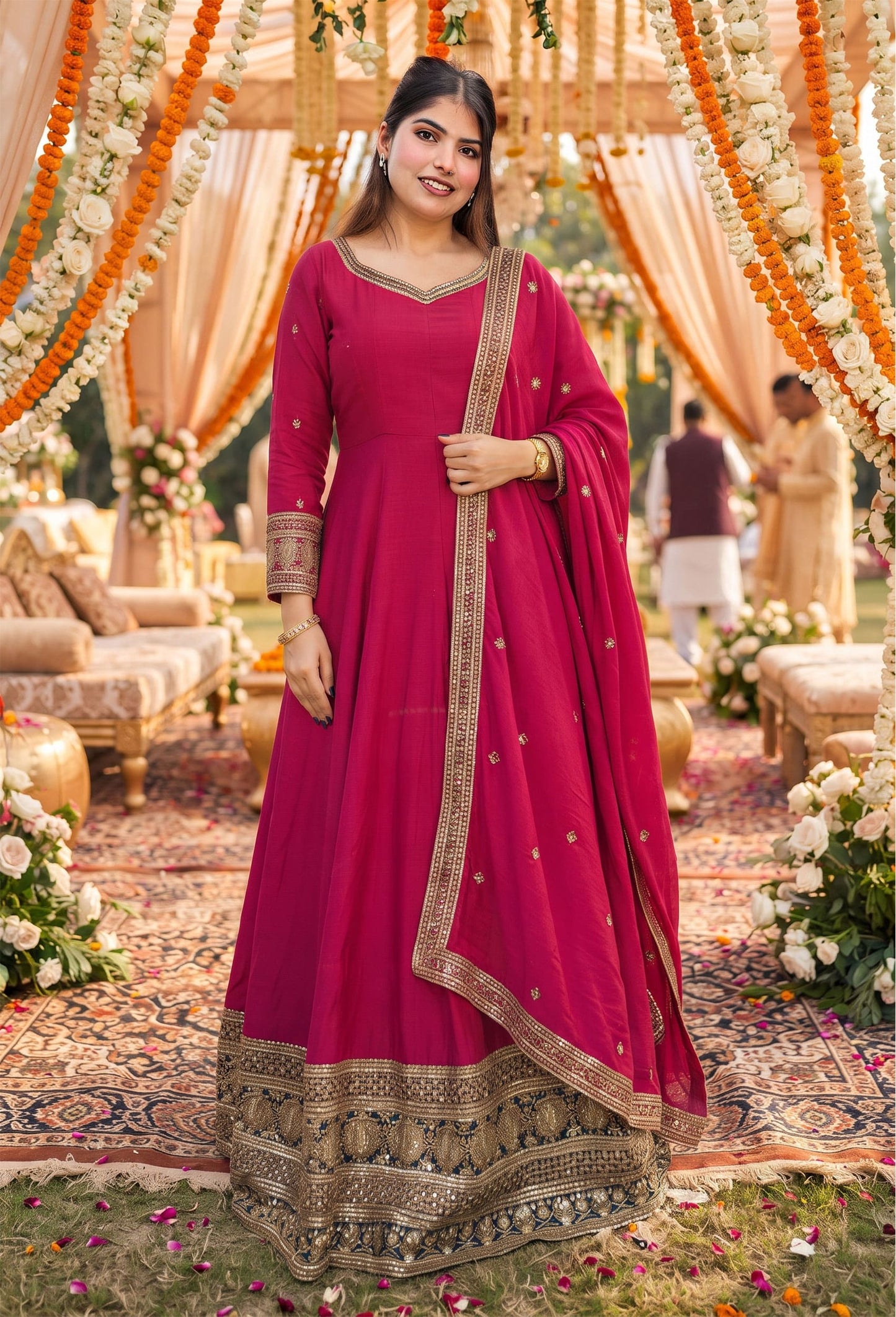 Designer V-Neck Anarkali Suit with Zari Embroidery & Border Dupatta