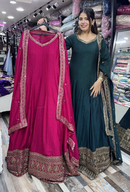 Designer V-Neck Anarkali Suit with Zari Embroidery & Border Dupatta